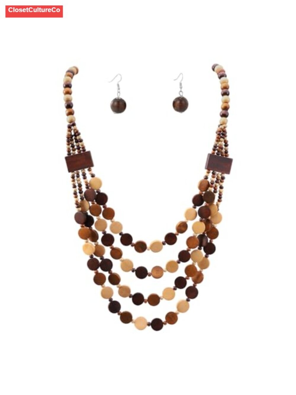 MILAKOO Wood Beads Chunky Multi-Layer Necklace & Earrings Set Boho